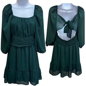 Exlura Lantern Sleeve Tie Back Ruffle Square Off Shoulder Dark Green Dress Sz L